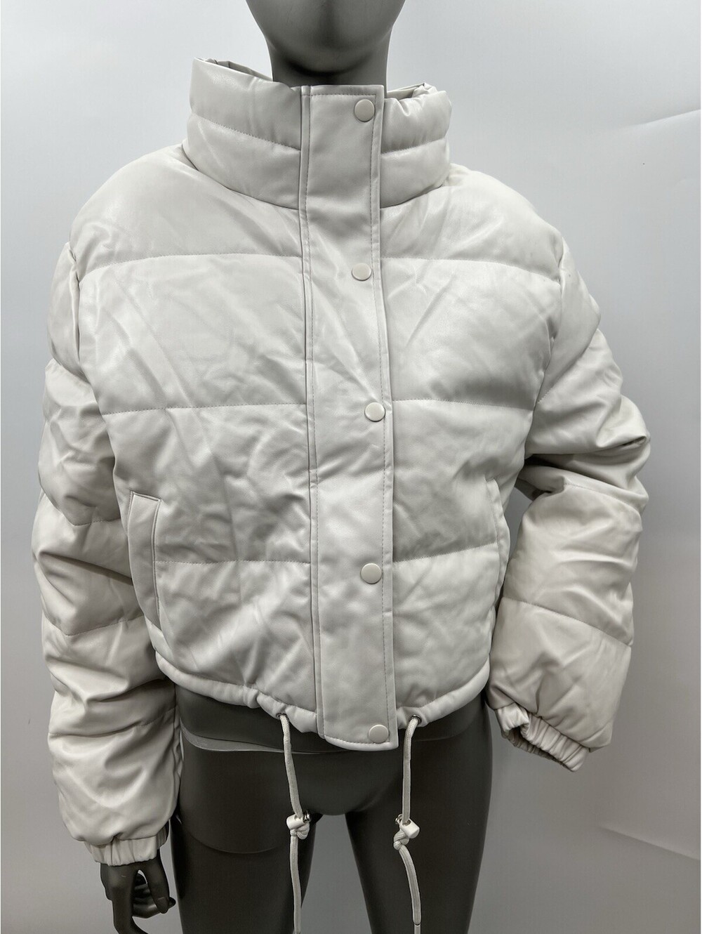 NWD Women’s Love Tree Full Zip Snap Faux Leather Puffer White Jacket Size M